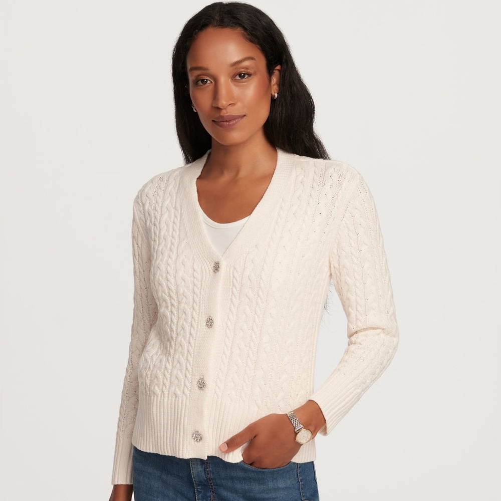 Anne Klein Dazzling Jewel‎ Cable Cardigan White Women’s Sz M